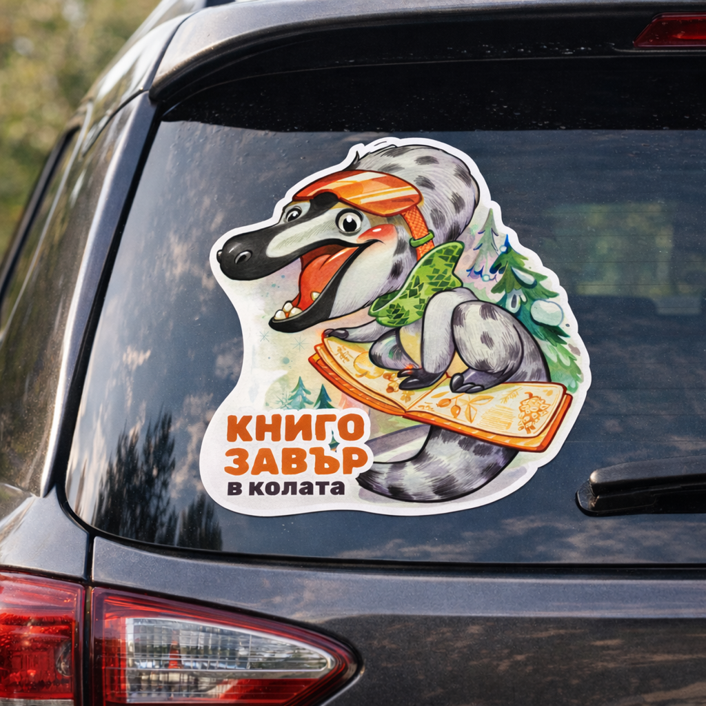 Книгозавър в колата – стикер за автомобил