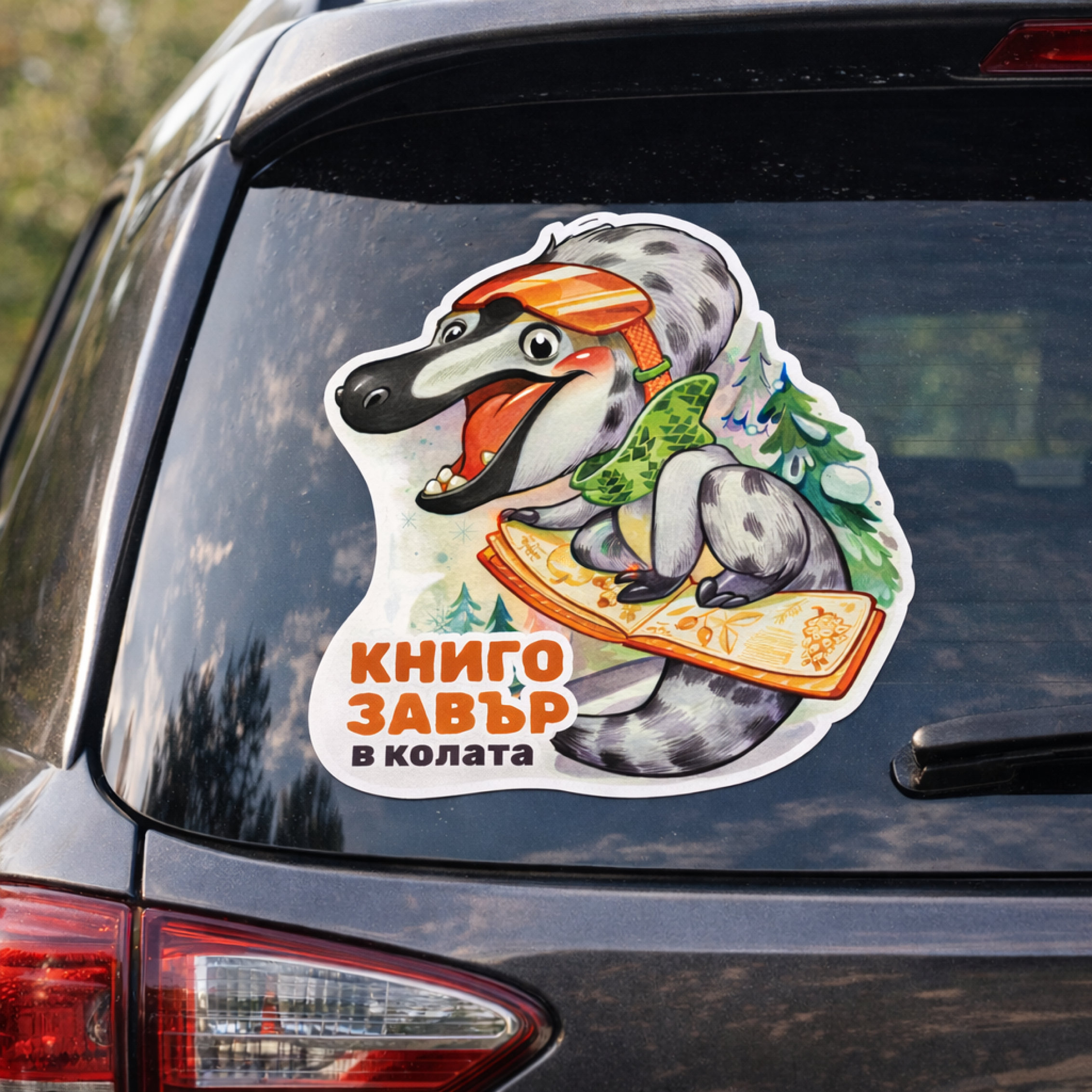 Книгозавър в колата – стикер за автомобил